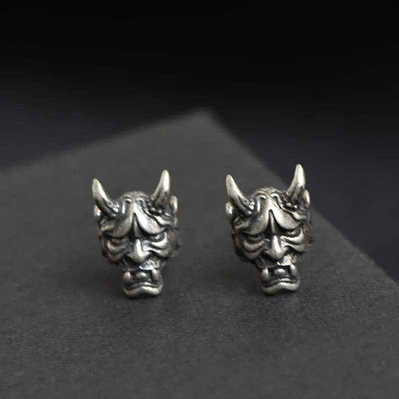 Japanese Prajna Mask Skull Stud Earrings for Men and Women's Gothic Punk Style Silver Plated Devil Earrings Party Jewelry