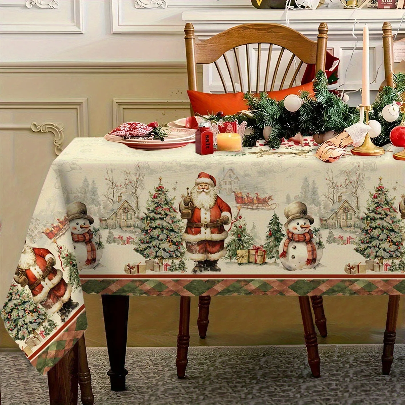 1pc of Vintage Christmas Tablecloth Featuring Santa Claus, Snowmen, And Christmas Trees, with a Winter Beige Background Decorati