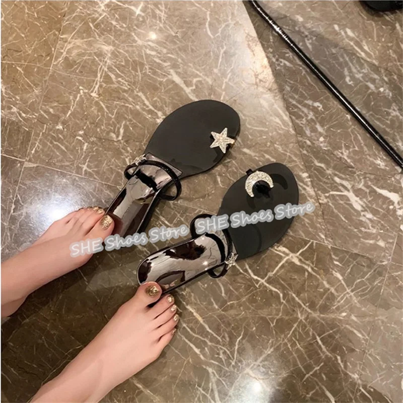 

Bling Rhinestone Star and Moon One-Strap Women Sandals Outside Beach Dress Flip Flops Slippers Summer Casual Gladiator Shoes
