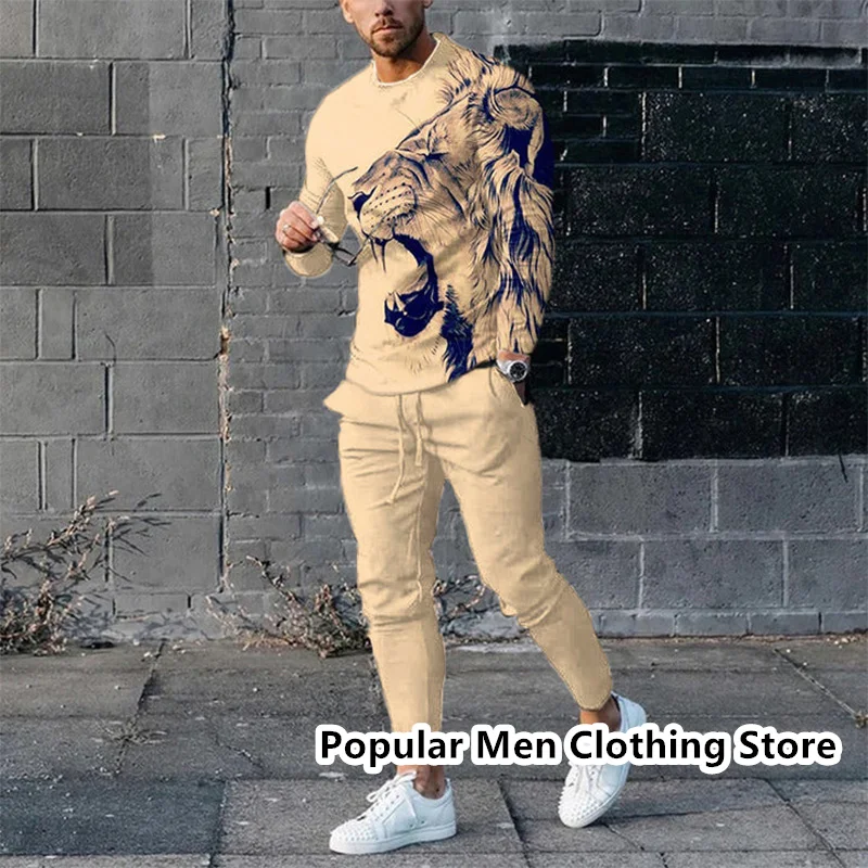 2023 Men's Tracksuit Set Animal Pattern Lion 3D Printed Long Sleeves T-shirt+Trousers Jogger Sportswear Sweatshirt 2 Piece Suit