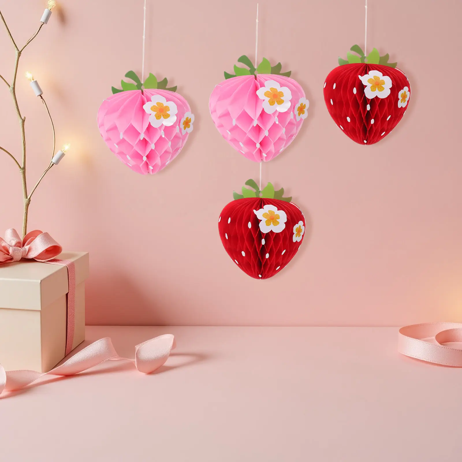 8Pcs Strawberry-Shaped Honeycomb Decorations Bright Berry Theme Desktop Ornaments Photo Props Baby Shower Birthday Party
