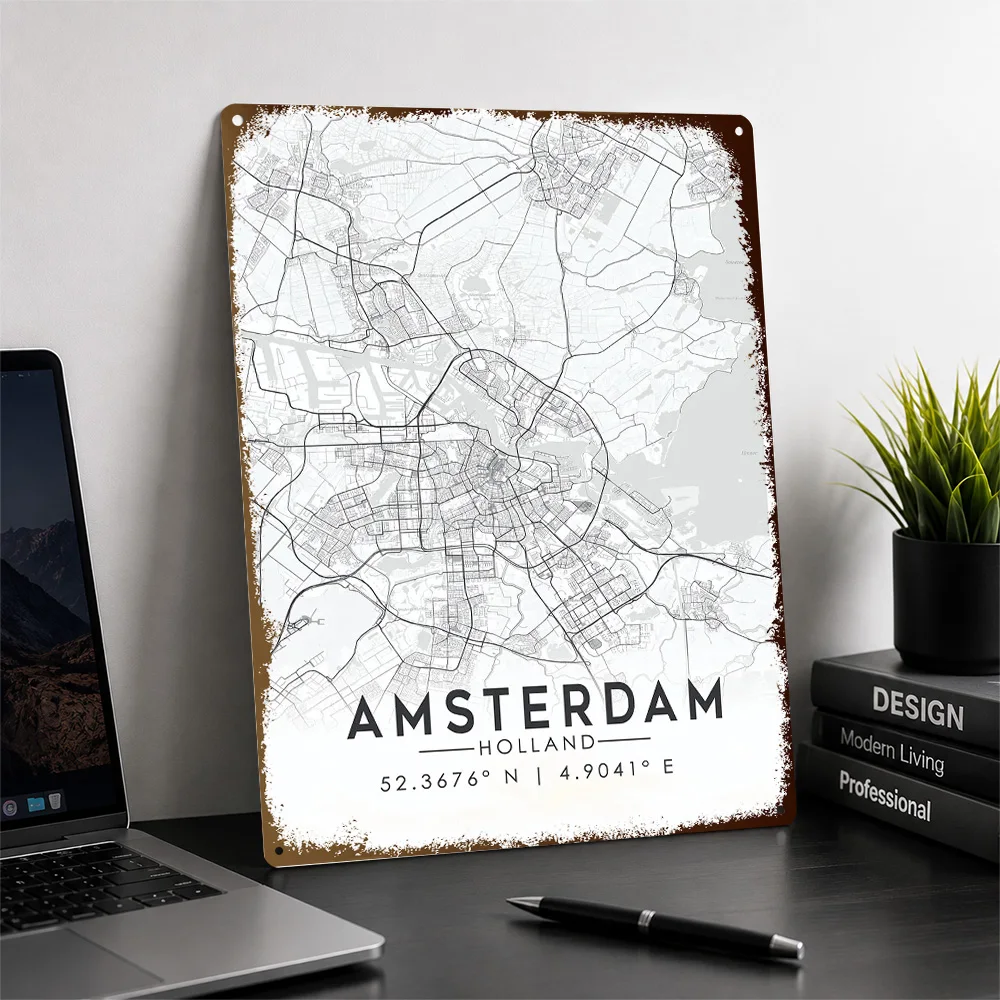 Amsterdam City Map Printed Poster Personalized Aluminum Metal Sign Midnight Street Design Wall Art Enhances Office And Library