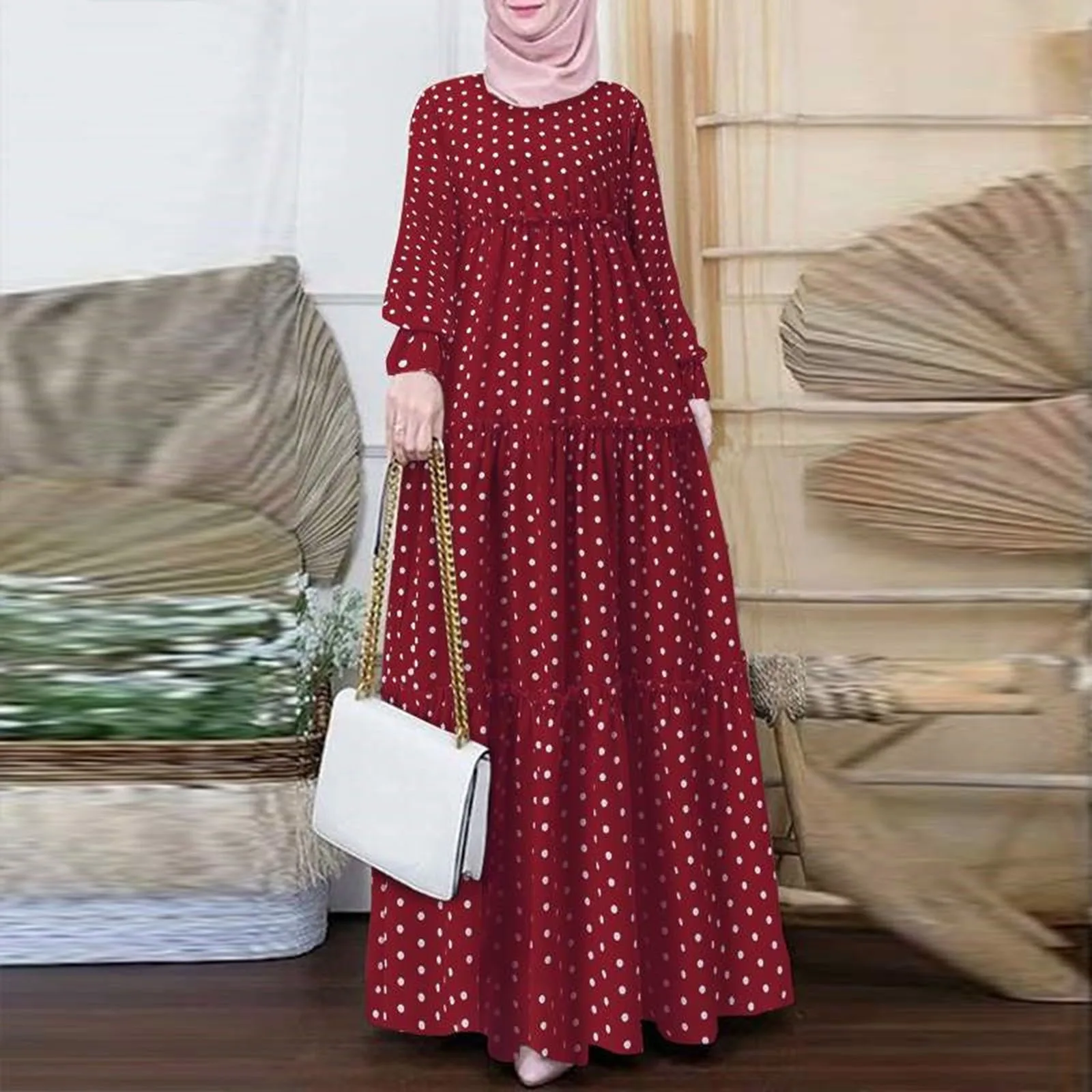 2023 Women Polka Dots Printed Muslim Dress Ruffles Long Sleeve Islamic Clothing Elagant Casual Dubai Marocain Turkish Vestidos