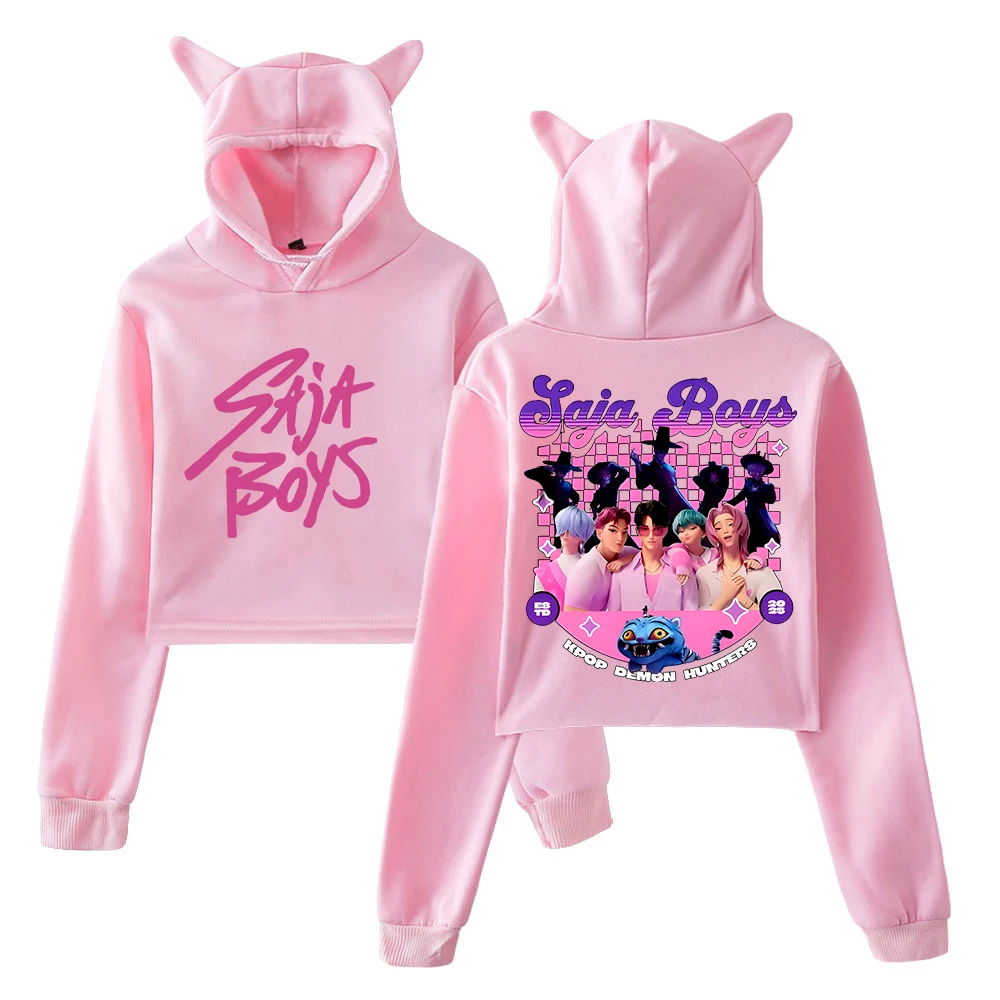 KPop Demon Hunters Saja Boys Merch Hoodie 2025 ภาพยนตร์การ์ตูนแมวหูHooded SweatshirtแขนยาวCrop Topผู้หญิงเสื้อผ้า