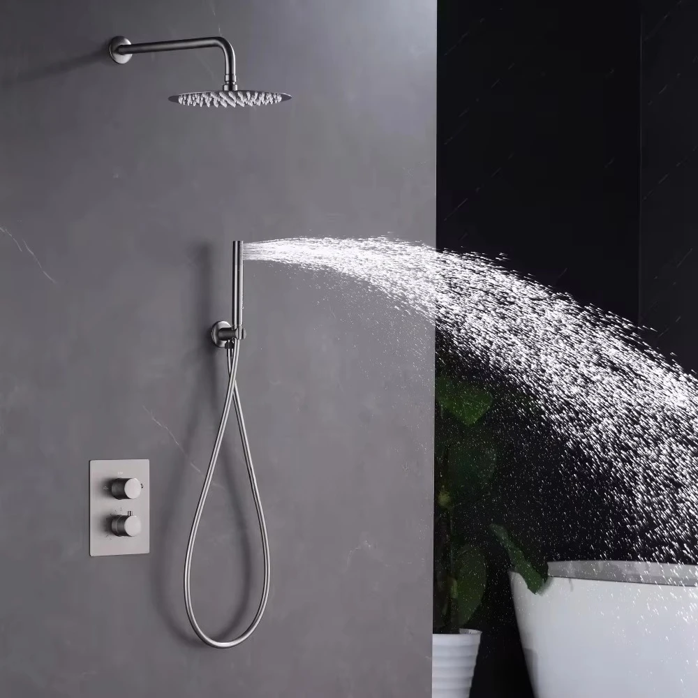 

Grey Shower System Set with 10 Inch Round Rainfall Head and Handheld Faucet Concealed Thermostatic Valve Trim Kit Mixer Tap