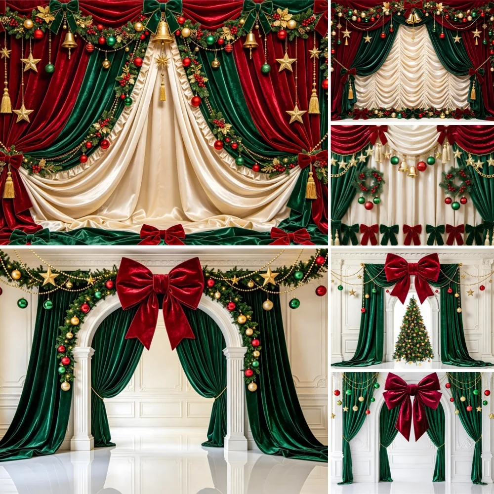Yeele Photography Backdrop Christmas Velvet Curtains Bownots Bells Wreath Stars Decor Party Wedding Portrait Photo Banner Props