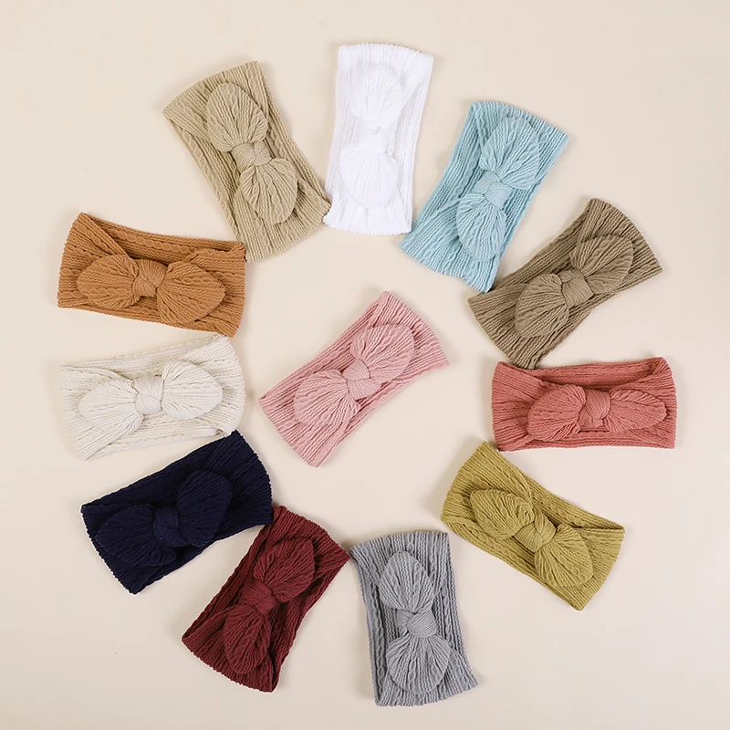 24pc/lot Newborn Cable Knit Nylon Headband Top Knotted Baby Bunny Ear Elastic Hair Bands Girls Headwear Infant Soft Headwrap