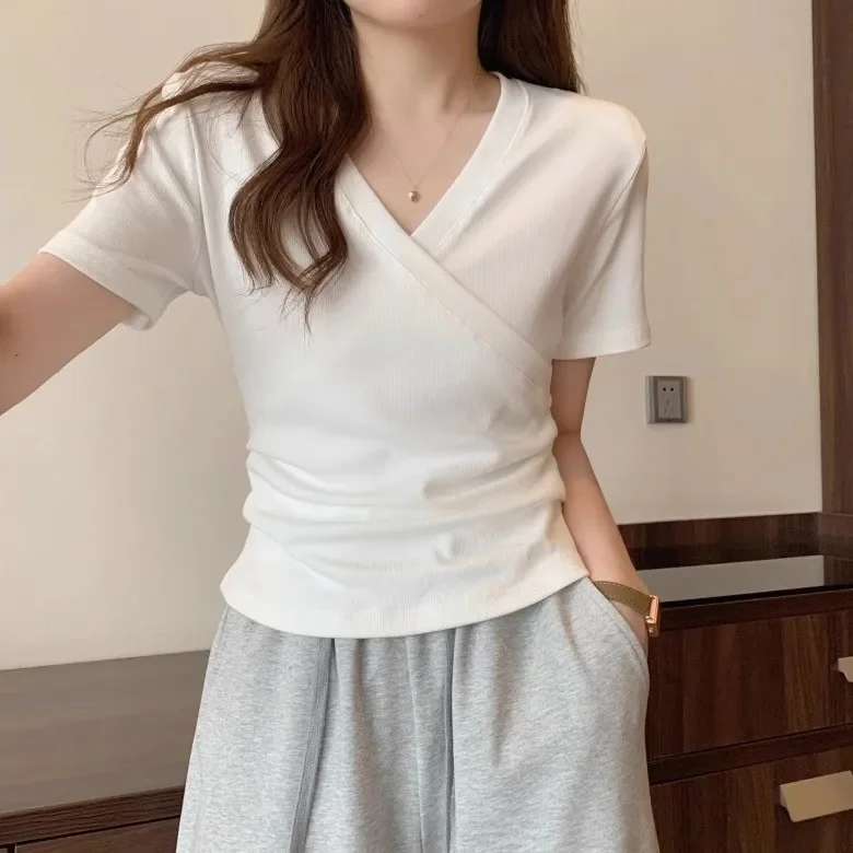 Women's V-Neck Short Sleeve T-Shirt Summer Slimming Design Belly Concealing Fashionable Versatile Korean Style Top