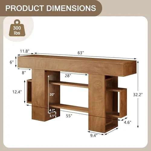 63 Inches Entryway Table, Wooden Console Table with Storage, Narrow Sofa Table Behind Couch, Farmhouse Long Entry image 2