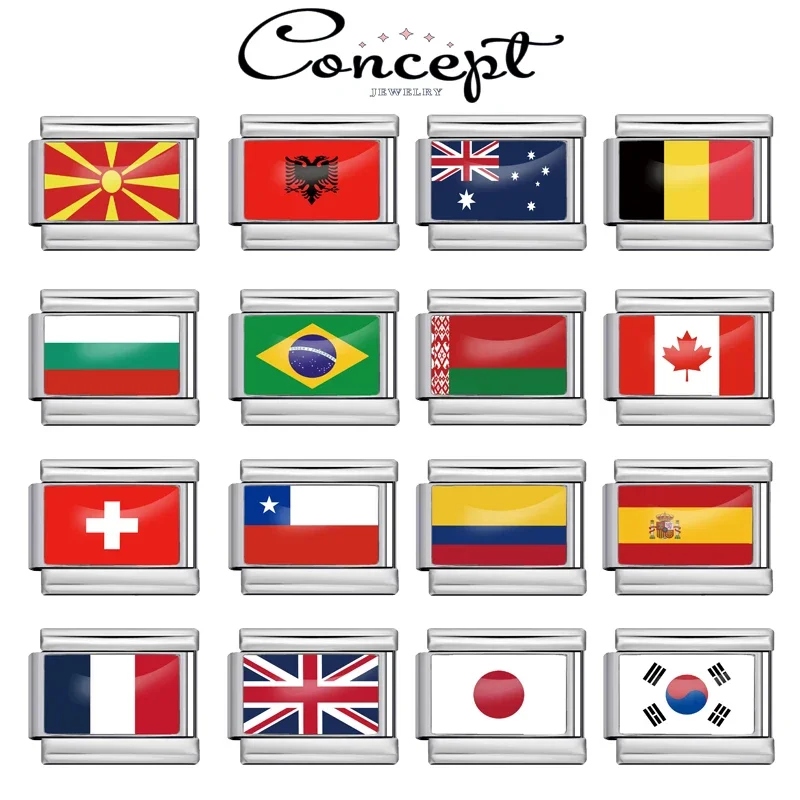 

2025 Fashion Men and Women Popular Jewelry Italian Charm Module Bracelet World Flag Photo Series DIY9mm Link