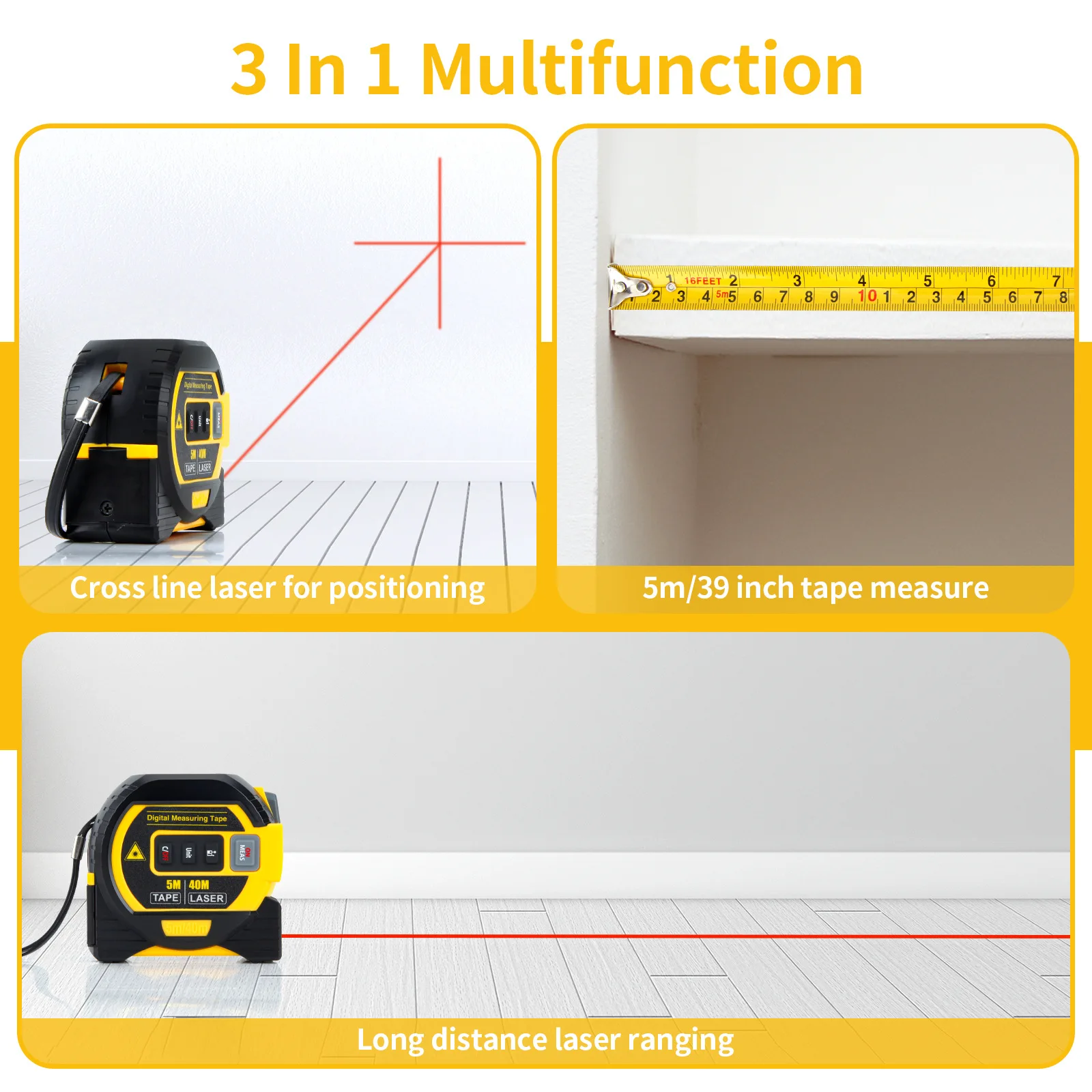 3-in-1 Laser Distance Meter 40M/60M High Precision Measuring Tool with 5M Tape & LCD Display for Construction Professionals