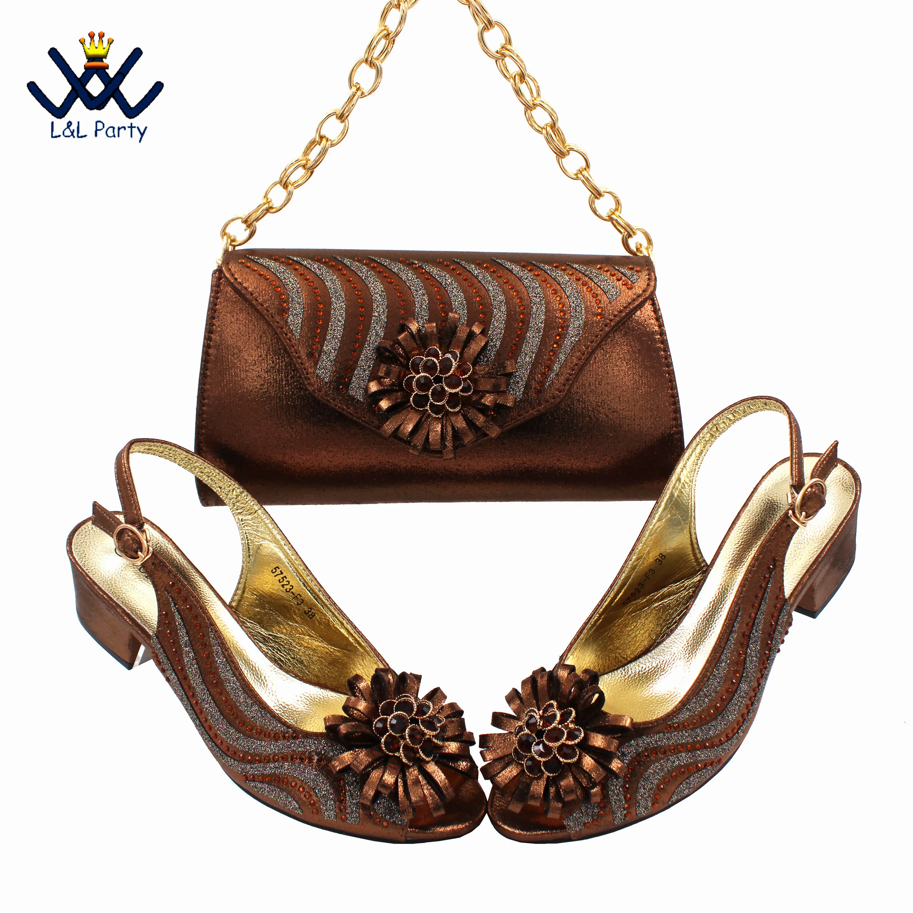 Low Heels New Arrivals Italian Design Nigerian Women Shoes and Bag Set in Coffee Color Comfortable Heels with Appliques for Part