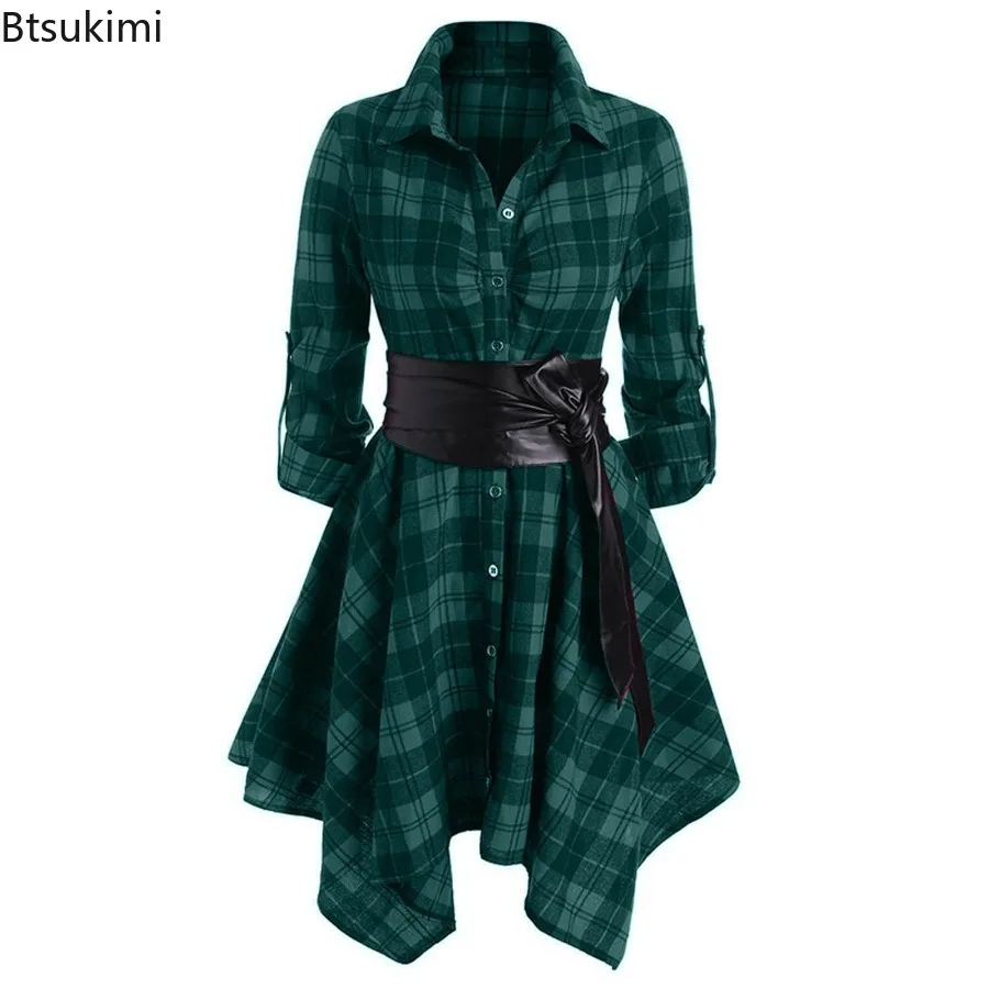 

Women's Autumn Winter Irregular Red Lapel Button Up Long Sleeves Shirt Dress Belt Decoration Casual Birthday Party Costume Dress