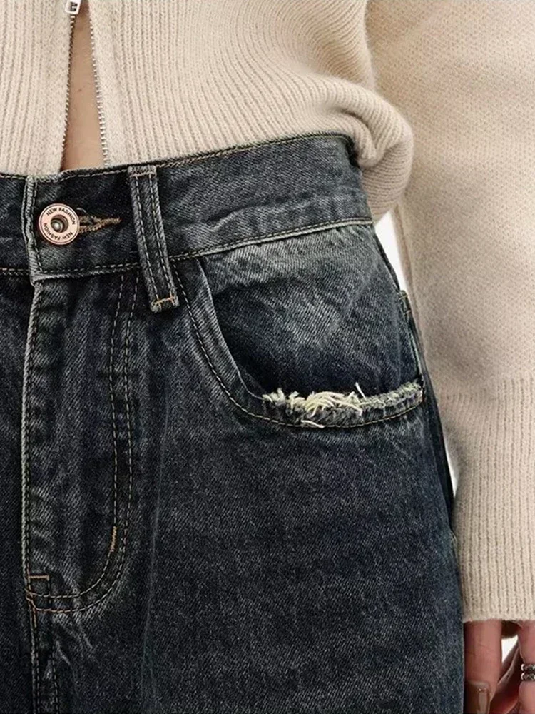 Jeans dritti americani a vita alta Vita gamba ampia Gamba larga da donna Y2K Capelli lavati macinati Pantaloni casual versatili in difficoltà