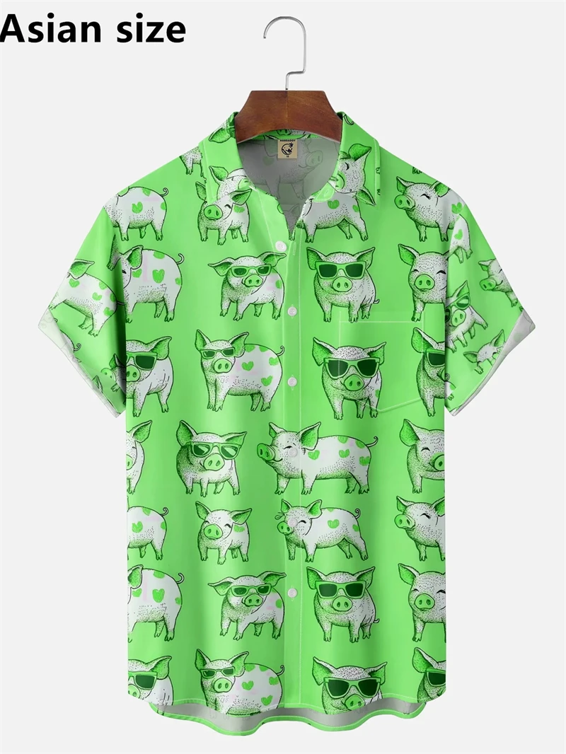 Cute Cartoon Pig Pattern Hawaiian Shirt For Men 3D Printed Short Sleeves Summer Lapel Button Oversized Shirts Streetwear Tops