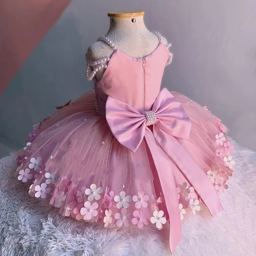 Abiti floreali 3D per neonate per perle di compleanno fiocco grande bambini Tulle Flower Girl Dress Toddler abiti da prima comunione