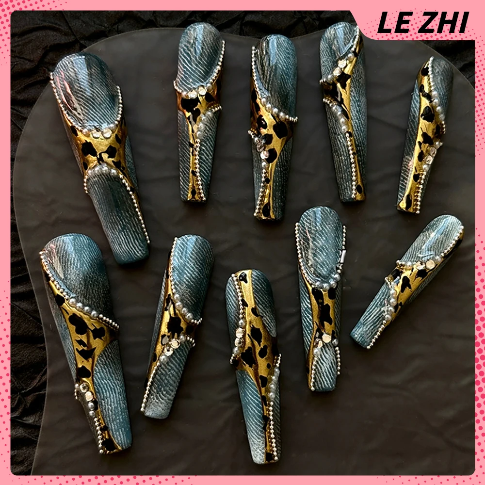 

10Pcs Handmade Long Coffin Leopard Print Press On Nails Heavy Industry Y2K Pearl Steel Ball Diamond Flowers Wearable False Nail