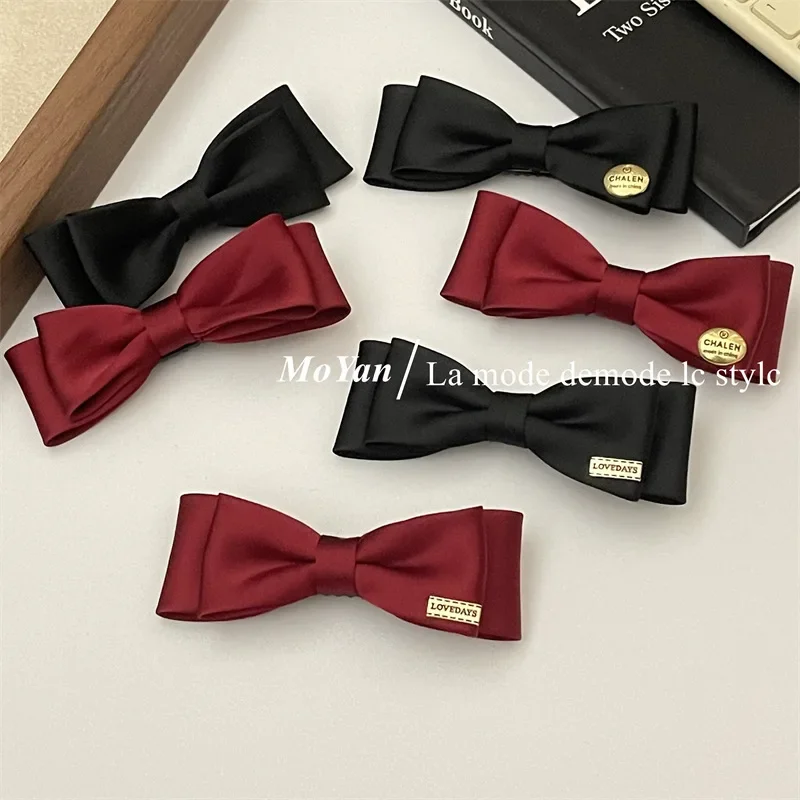 Simple texture satin bow hair clip with a straight line clip side bangs duck beak clip back head spoon headdress hair clip