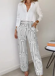 Elegant Shirt Print Pants Suits For Women Casual Lapel Tops Belt Wide Leg Pants Sets 2024 New Lady 2 Piece Set Vacation Suits