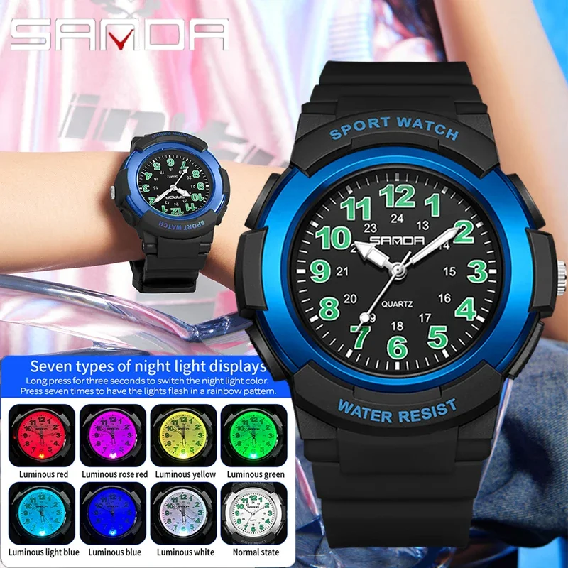SANDA Top Brand New Fashion Simple Original Men's Quartz Watch Popular Simple Digital Colorful Light Teenagers Children's Watch