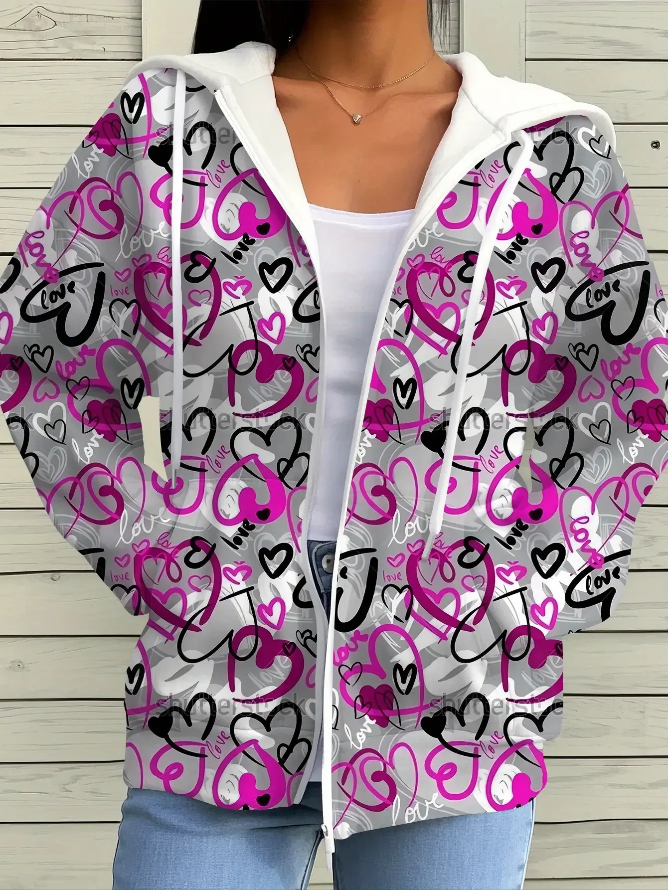 

Women's long sleeved loose new jacket with zipper pocket, Purple, black, and silver print designs in multiple colors