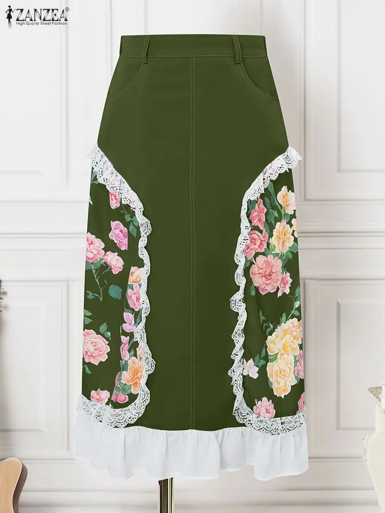 

ZANZEA Vintage Women Floral Print Long Skirts 2025 Fashion Elastic Waist Jupes Faldas Saia Casual Lace Patchwork Ruffled Bottoms