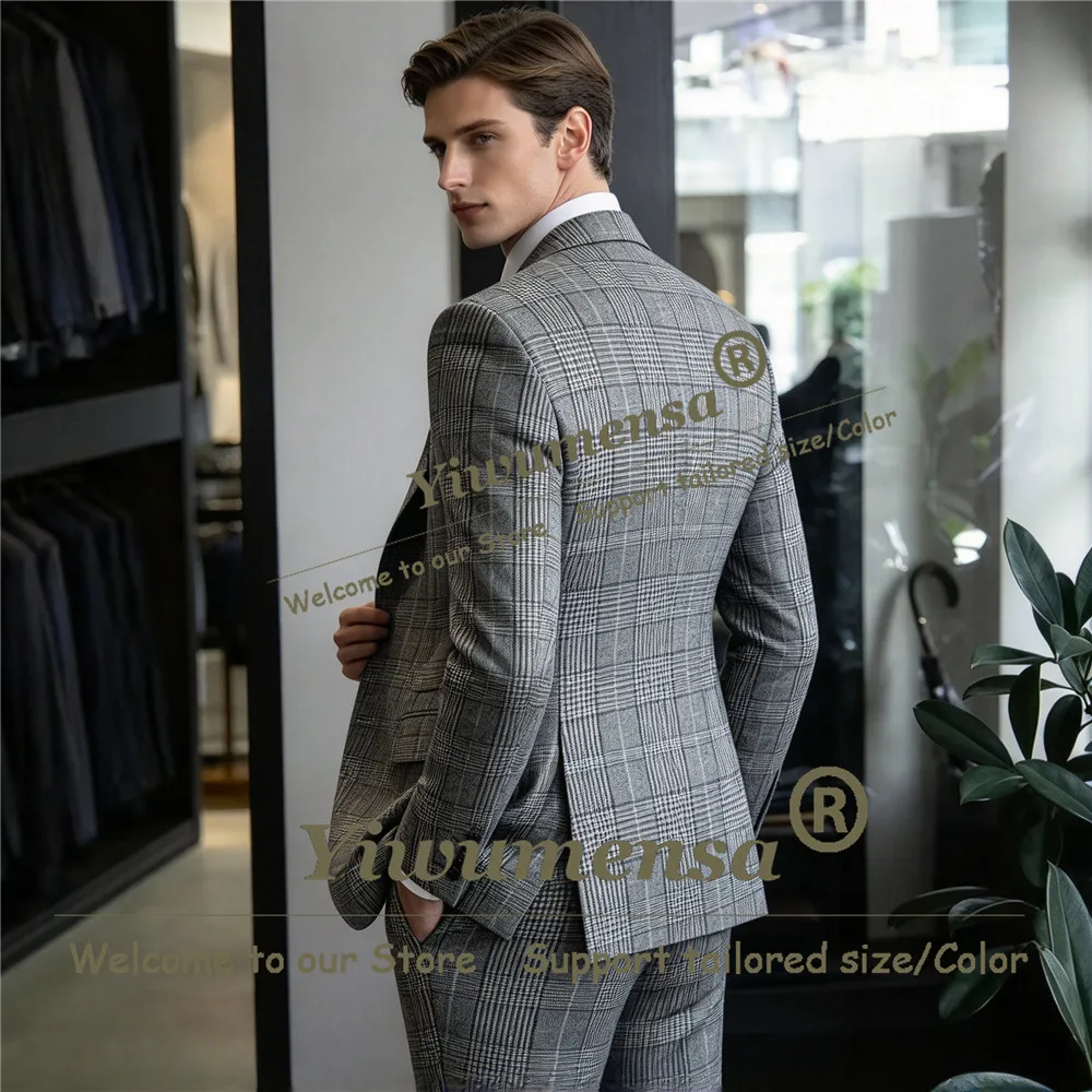 Classic Houndstooth Plaid Suits Men Formal Wear Single Breasted Jacket Vest Pants 3 Pieces Man Daily Party Tuxedo Ropa Hombre