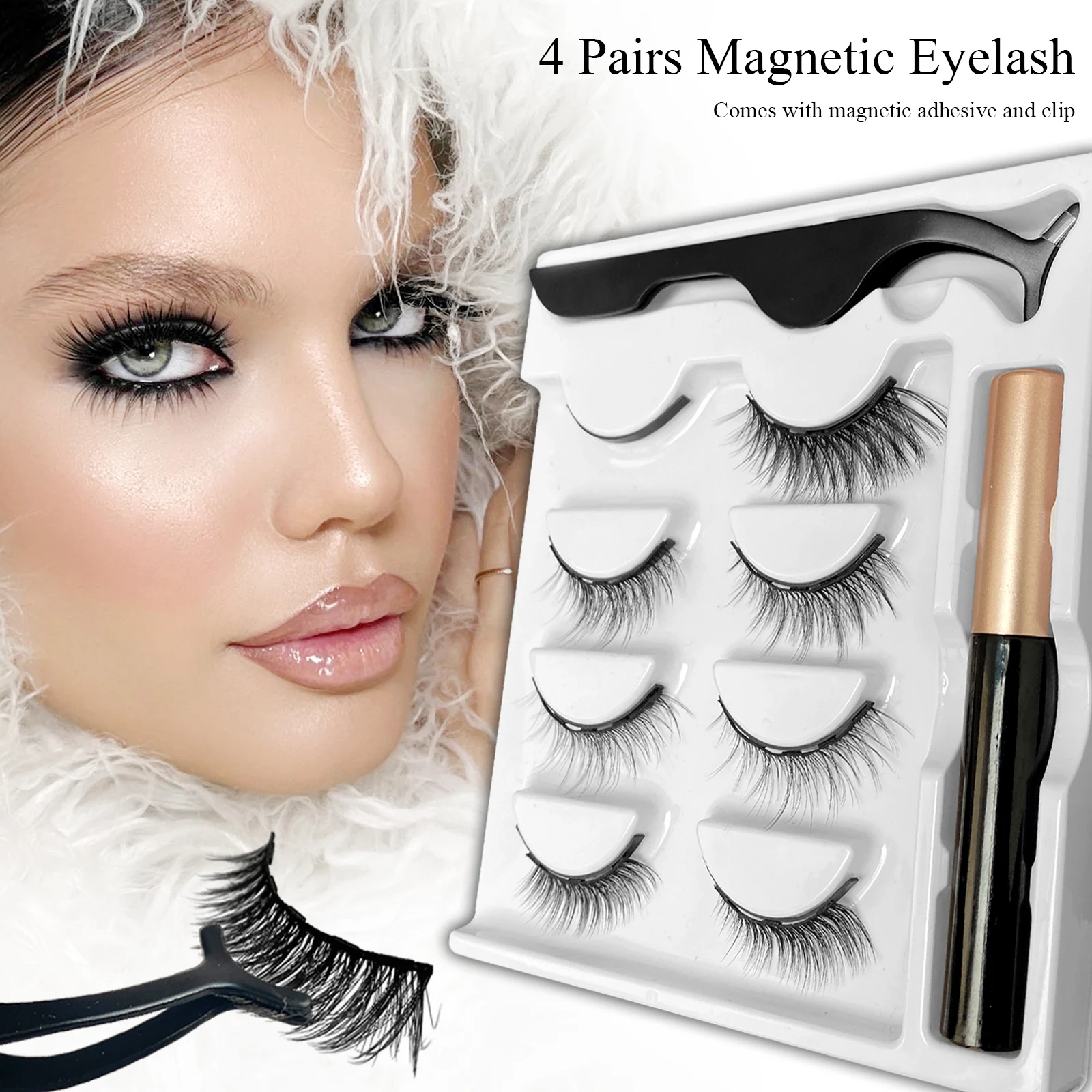 4 Pairs Magnetic Eyelashes 3D Mink Eyelash Makeup Magnetic Lashes Eyeliner Tweezers Set Natural False Lashes Short Faux Cils