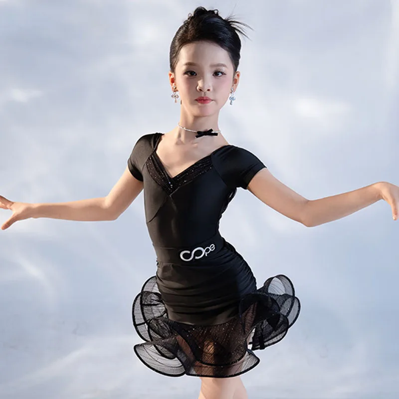 

Костюм для латиноамериканских танцев с короткими рукавами, черная сценическая одежда для выступлений, профессиональный костюм для латиноамериканских танцев для девочек, тренировочная одежда для танцовщиц 3344