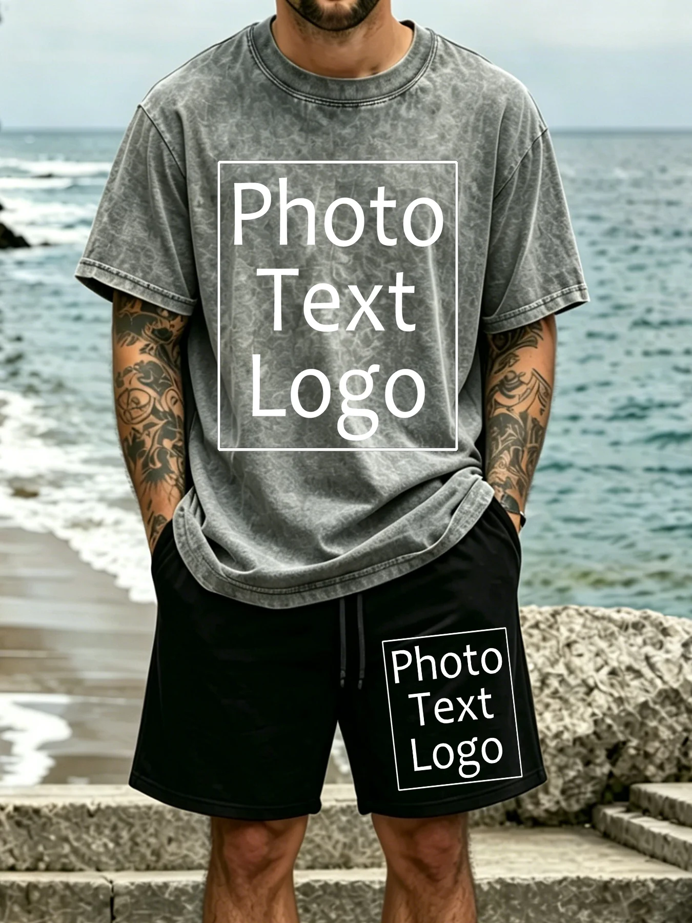 

Summer Beach Man Washed T-Shirt Personalized Customized Printed Cotton Casual Daily Short Sleeve Set Loose Pocket Fitness Shorts