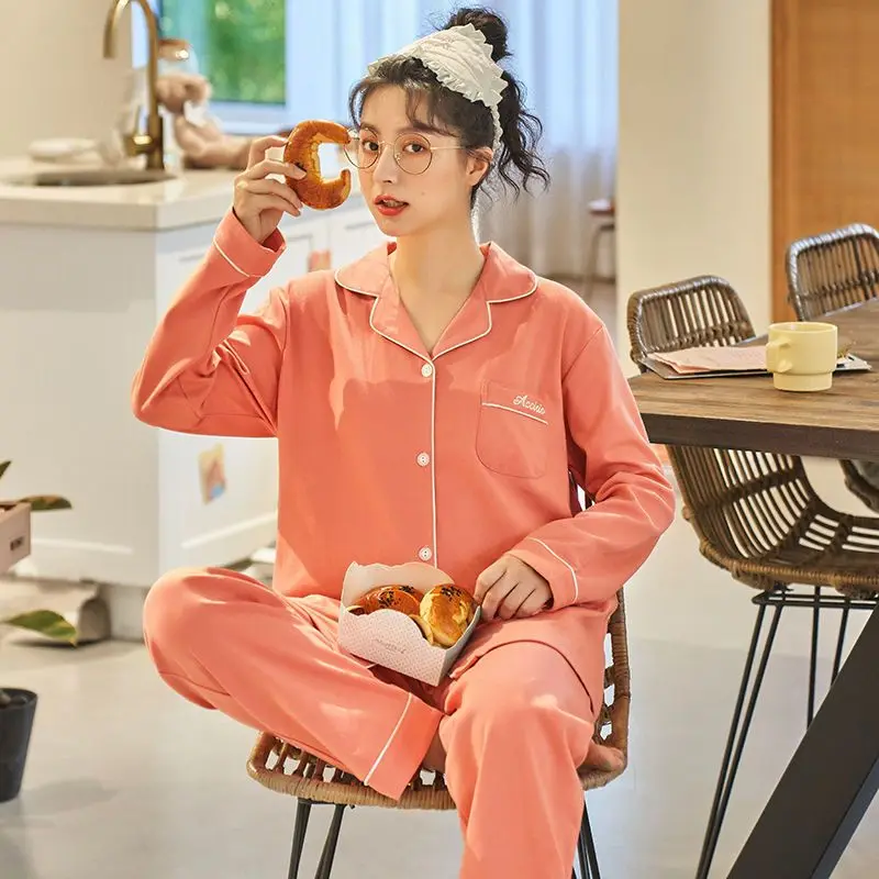 100% Cotton Pijamas Women Spring and Autumn Long-sleeved Set Sleepwear Simple Solid Color Loose Loungewear Two-piece Set