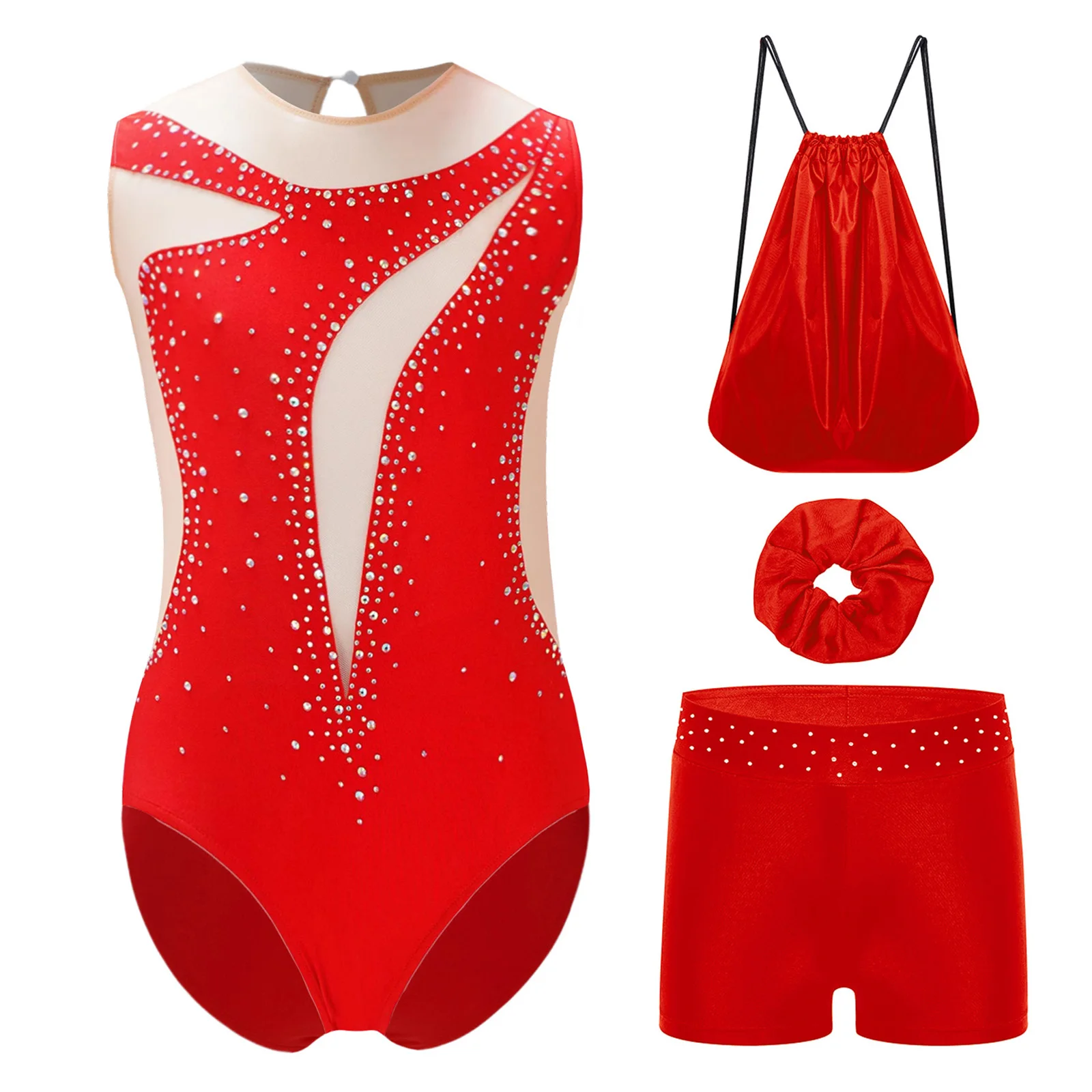 Teen Girls Ballet Jersey Figure Skating Dance Gymnastics Acrobatic Costume Sleeveless Shiny Rhinestone Leotard +Shorts+Backpack