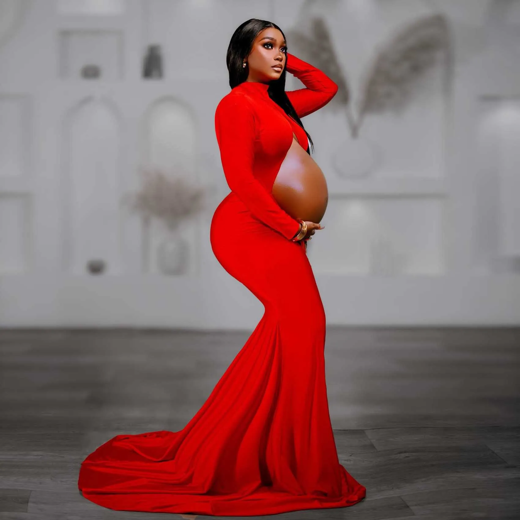 단정한 레드 임부복 사진 촬영 2026 신상 컷아웃 임부복 사진 촬영 드레스 임산부용 드레스