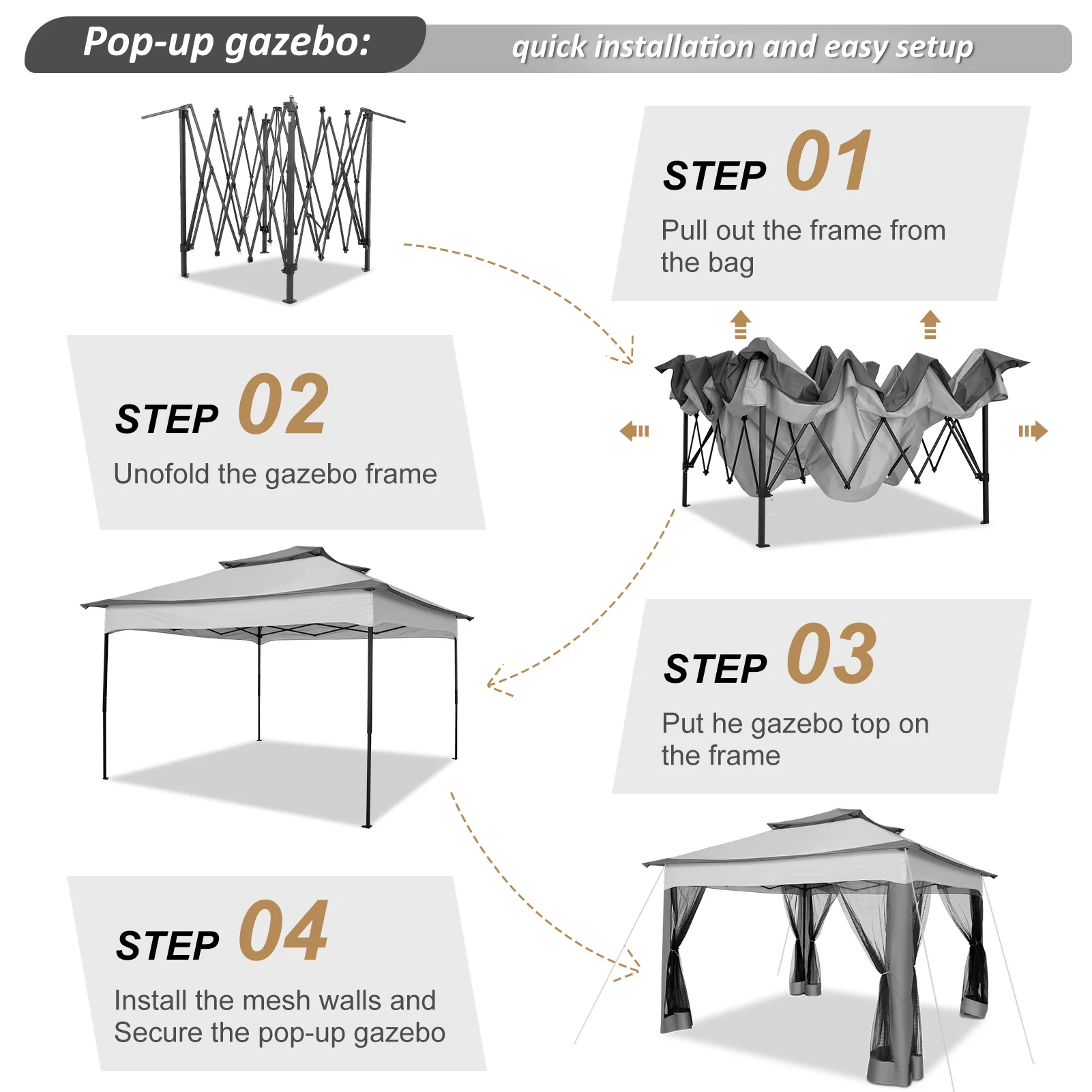 10x10ft Pop Up Gazebo One-Push Canopy Tent With Mosquito Nettings With Double Roof Ventiation For Lawn Garden Backyard Deck