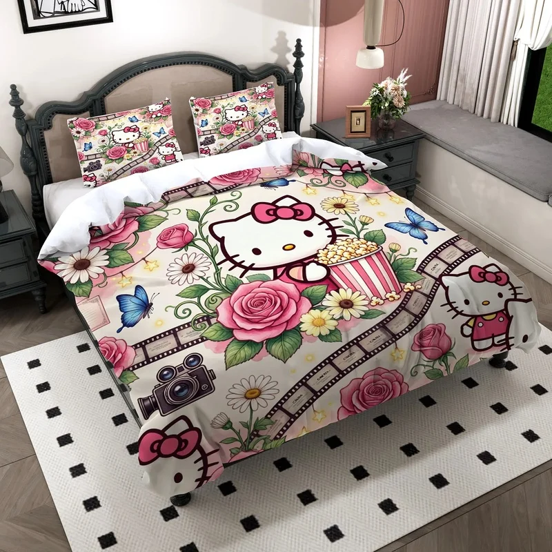 Retro Style Hello Kitty Bedding Set Film Strip Popcorn Pattern Duvet Cover For Girls Bedroom Home Decor