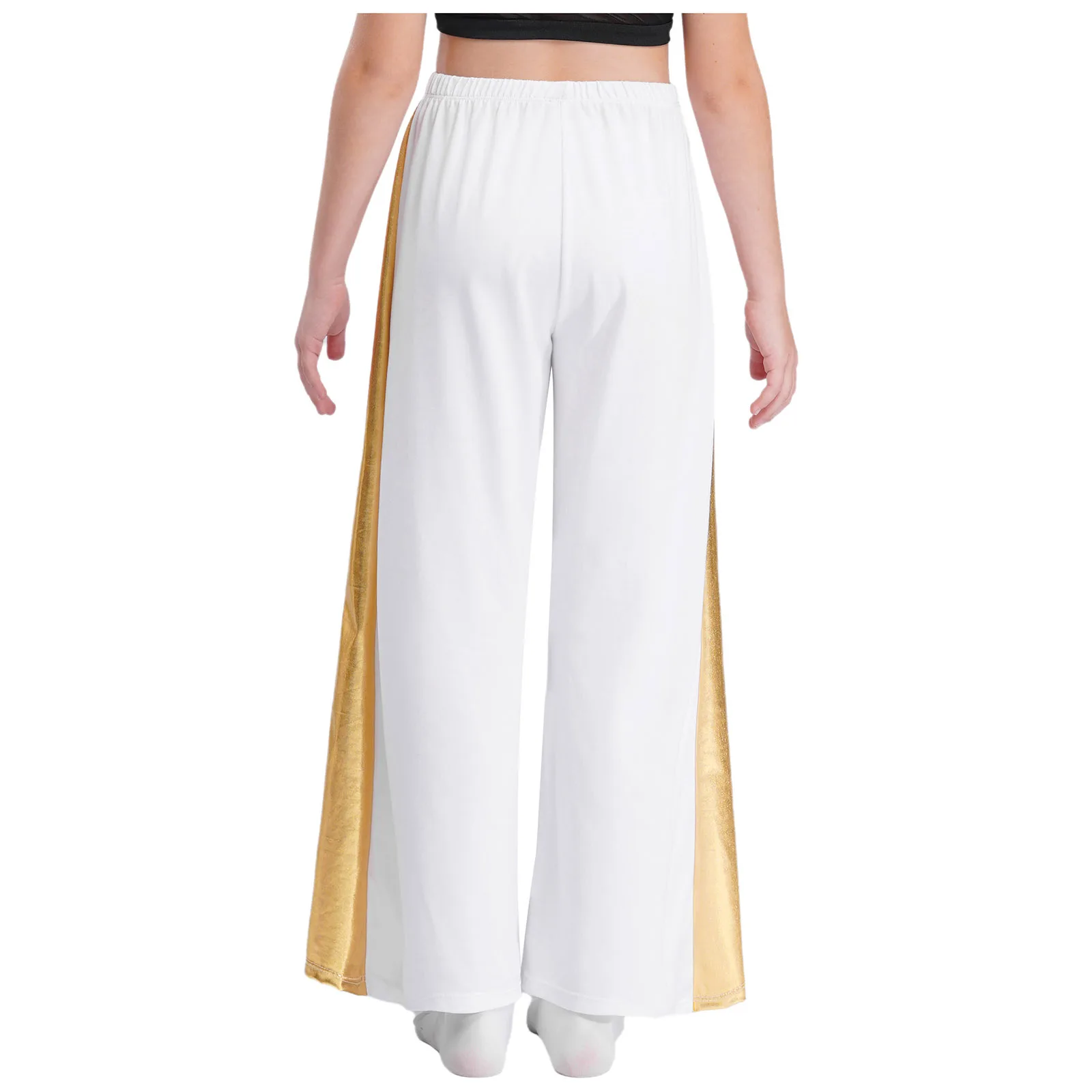 Kid Girls Metallic Patchwork Wide-Leg Long Pants High Waist Loose Fit Trousers for Liturgical Lyrical Dance Ceremony Performance