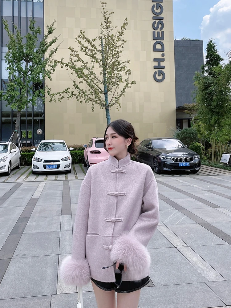 Chinese style coil buckle double-sided cashmere coat for women with light purple new Chinese hair cuffs short wool coat