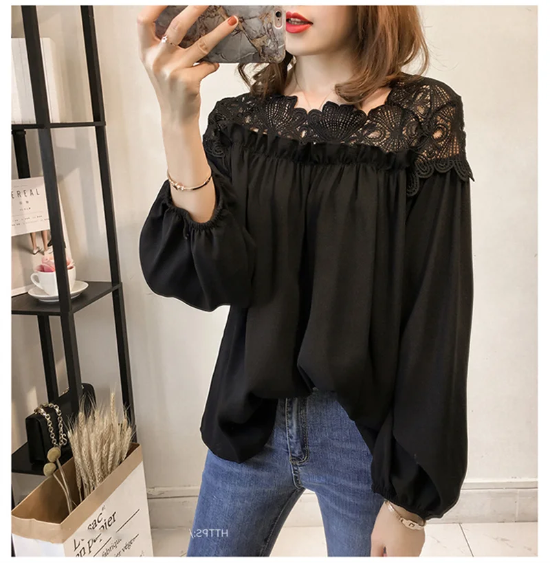 PLAZSON shirts & blouses Spring Hollow Out Lace Patchwork Blouse Autumn Button White Top Women Blusas Long Sleeve Shirt