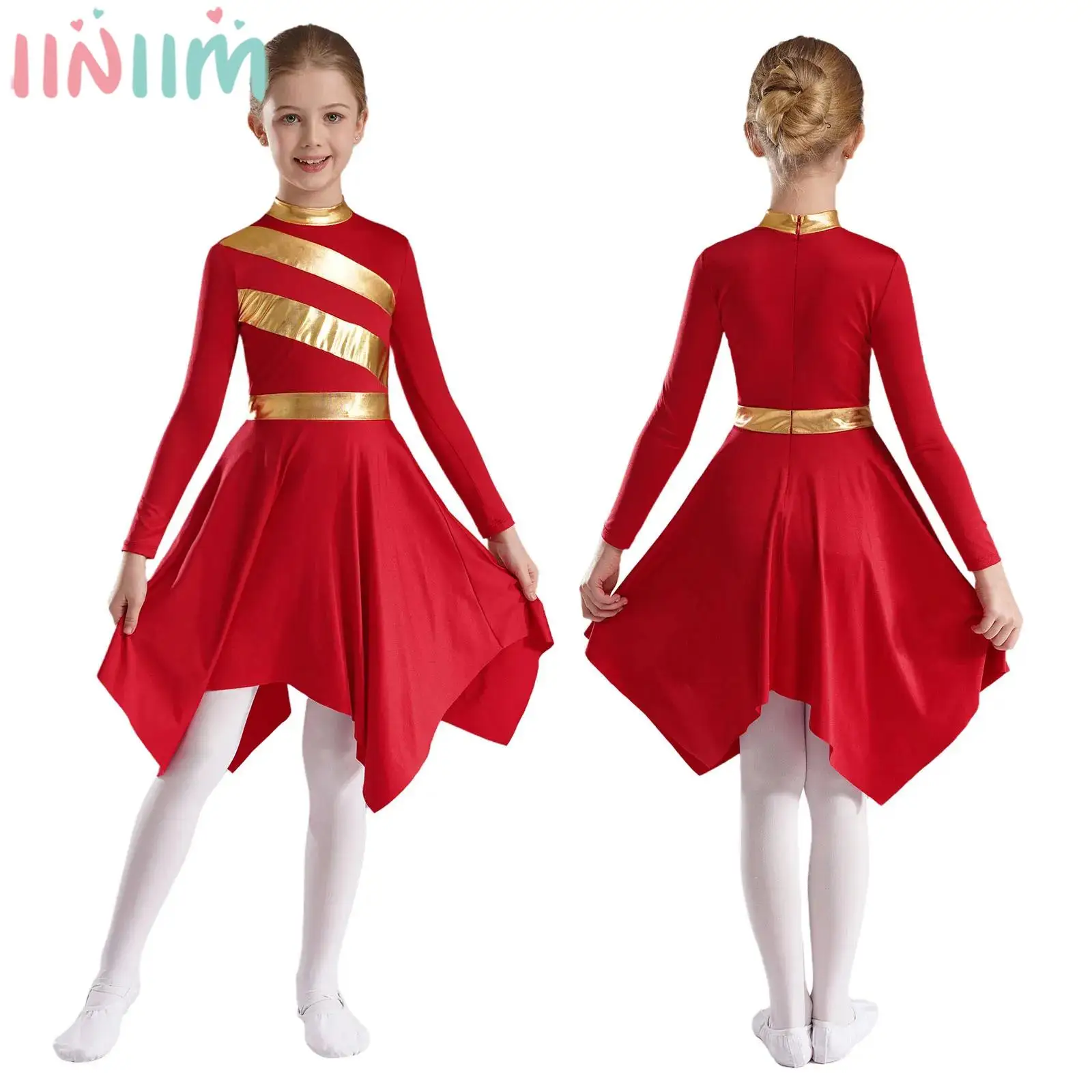 فستان أطفال بأكمام طويلة بلون متباين ، ثوب رقص غنائي حديث ، ملابس رقص فالس للبنات ، حفلة موسيقية وعبادة في الكنيسة