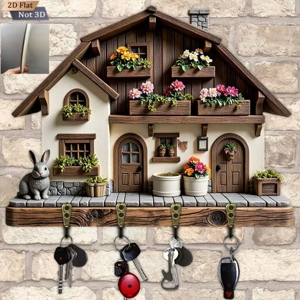 New 2D Flat Wooden Key Holder Wooden Wall Mounted House Key Holder House Shape Wall Key Rack Bedroom Decor