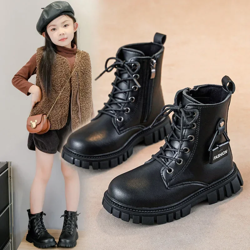 Kids Short Boots Handsome Boys Girls Motorcycle Boots with Side Zipper 2024 Autumn New Fashion Children Leather Boots Non-slip