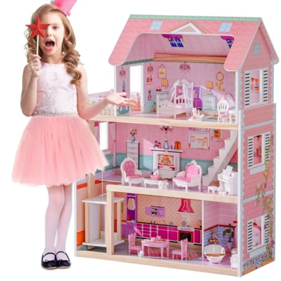 

Pink Wooden Dollhouse Playset with 24 Pcs Furniture for 4 5 6-Inch Dolls Ideal Gift for 3+ Year Old Girls