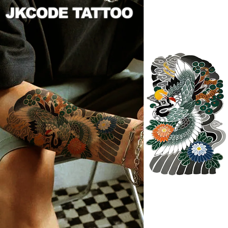 Orientalisches Kranich-Arm-Tattoo – schwarze grüne Tuschemalerei, rotgekrönter Kranich-Armband-Tattoo-Aufkleber – doppeltes mythisches Muster für Männer, temporäre Tätowierung für Hände und Rücken, 3–5 Tage