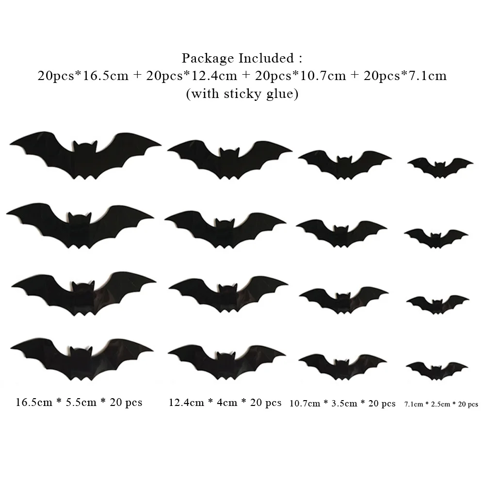 80Pcs/set Black 3D Bat Stickers For Halloween Kids Room Decor Combination Wall Decals Festival Home Decoration Removable Sticker