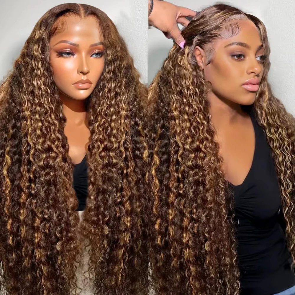 

13x4 Glueless Wigs 100% Human Hair Ready to Wear 7x5 Deep Water Wave Glueless Curly Wig P4/27 Ombre Highlight Honey Blonde Brown