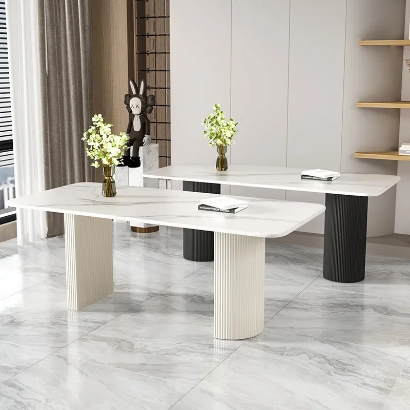 Slate table legs, cylindrical semi-oval dining table, marble base, wrought iron bracket