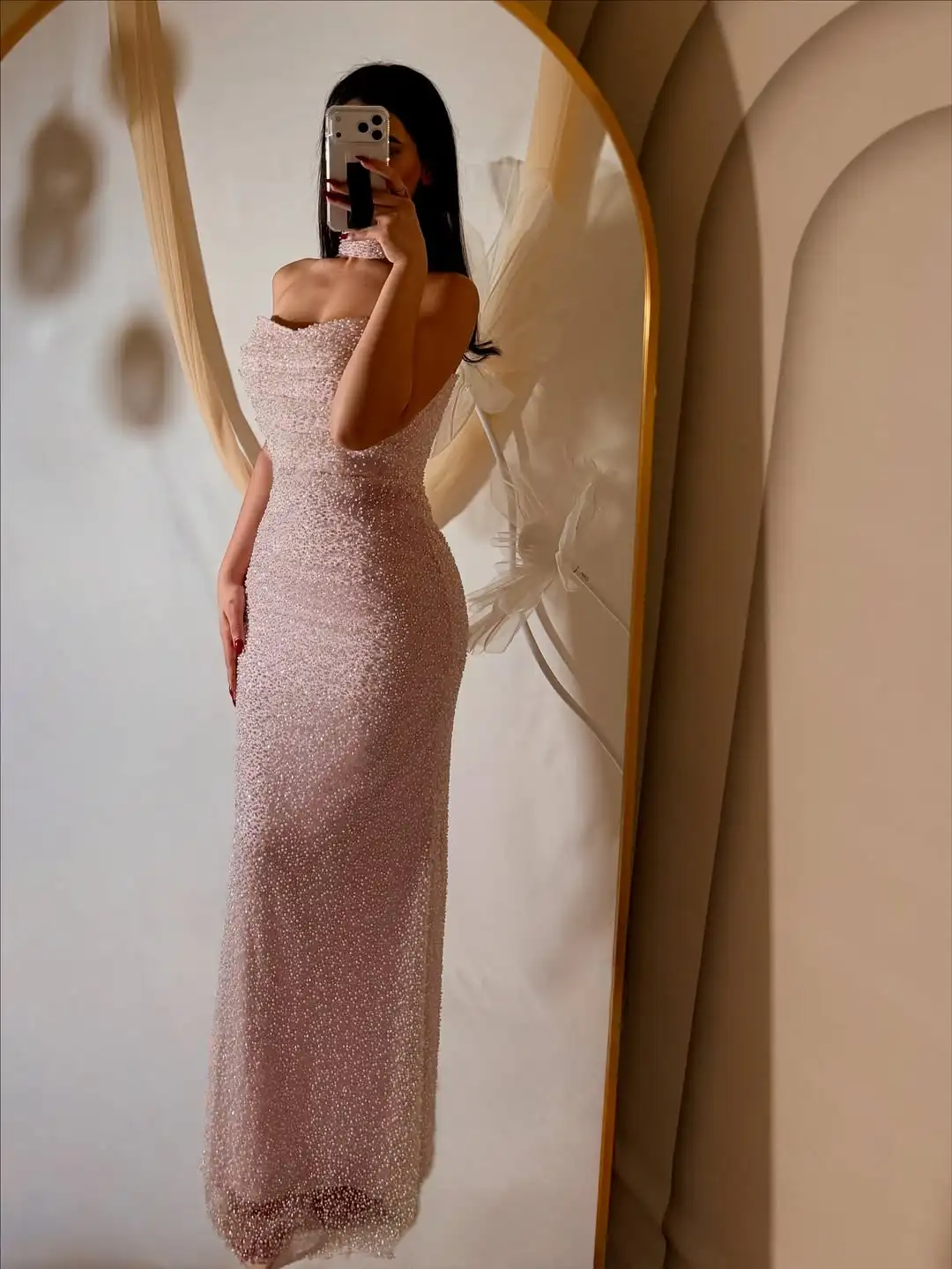 

Customized Pink Strapless Beaded Mermaid Evening Dress Elegant Formal Prom Gown with Scarf for Wedding Party New Design