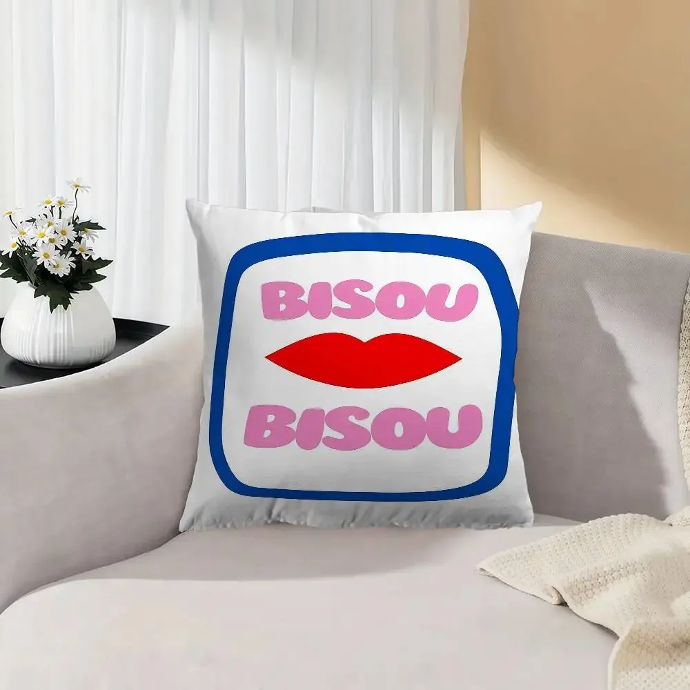 French Bisou Red Lips Double-Sided Pillow Cover, 1pc Modern Graphic Decorative Cushion Case for Sofa, Bed and Headboard Decor