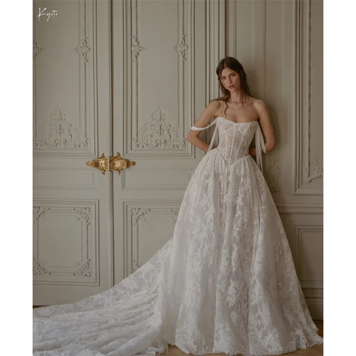 Kyoto-vestido de novia personalizado con apliques de encaje de color marfil, vestido de novia con hombros descubiertos, cola larga, vestidos de novia con cremallera en la espalda, noche Formal 2025