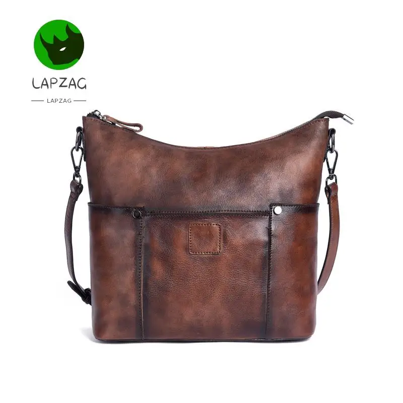 Lapzag large Cowhide women's bag Vintage Black Brown Shoulder Bag Big solid leather crossbody handbag messenger bags for female